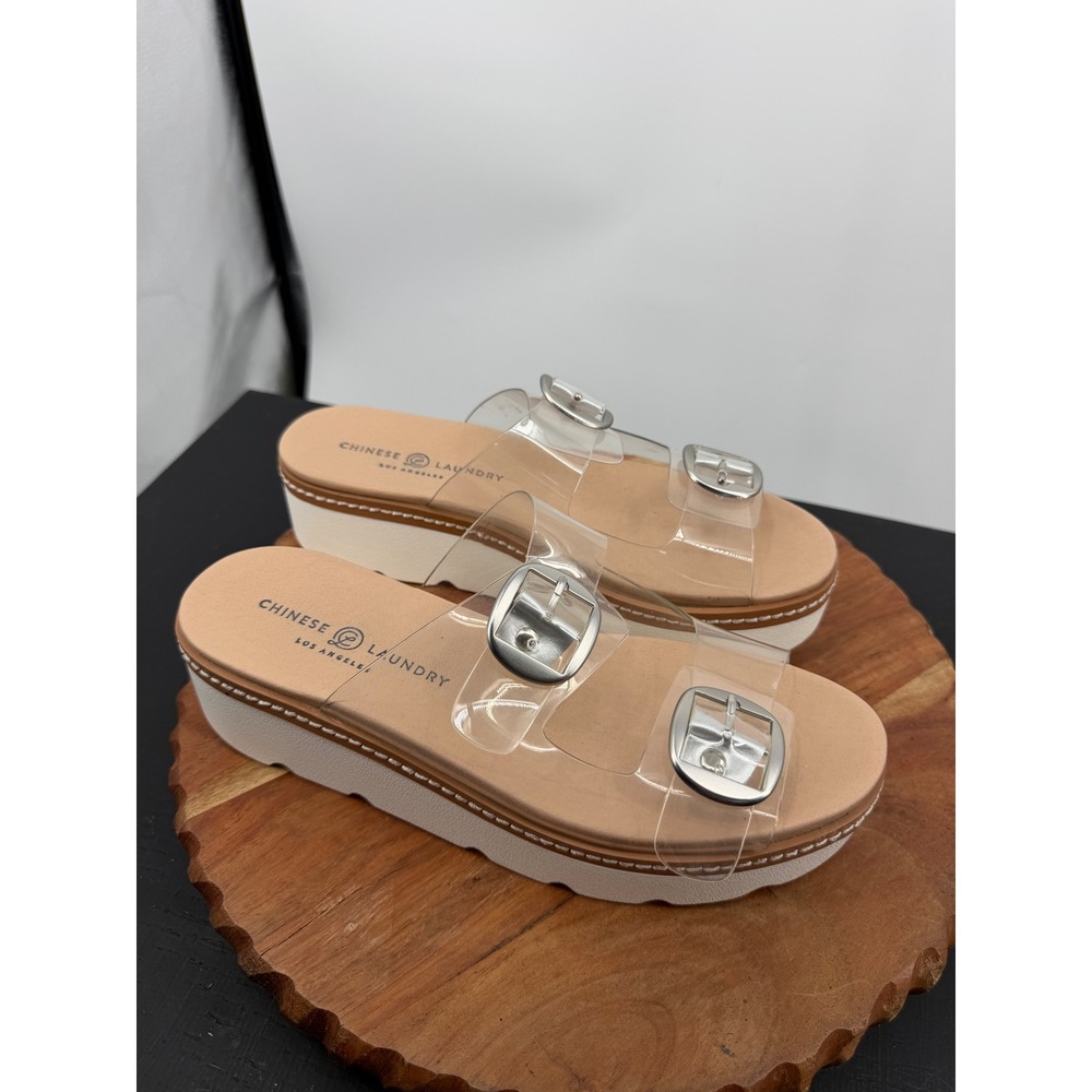 Chinese Laundry SERAPHINE Platform Sandals Women 8.5 Clear Buckle Tan White Lug